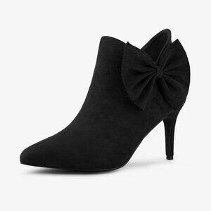Black Suede Women’s Pointed Toe Heeled Bootie Size 10 3” Bow Detailing
